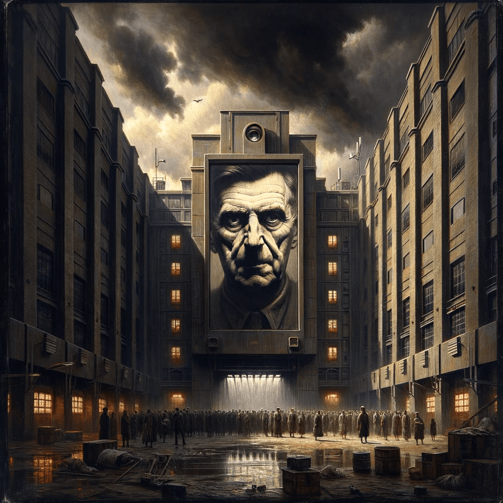 Dystopisk scene fra 1984 af George Orwell med regn over menneskemængden i et boligkompleks.