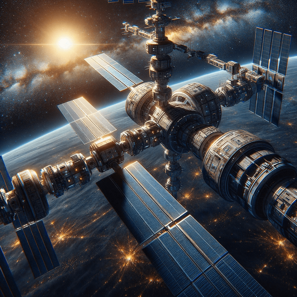 Rumstation svæver hen over jorden med solen og universet i baggrunden.