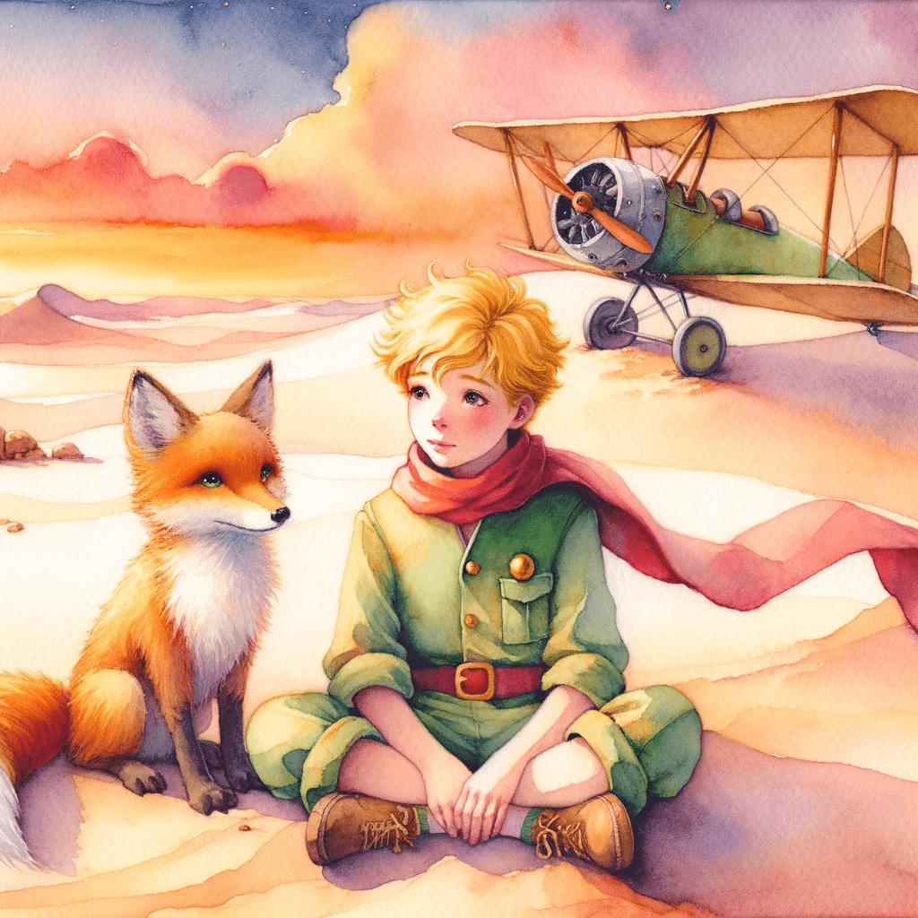 Den lille prins strandet i ørkenen med sin flyvemaskine i baggrunden og ræven ved sin side. 