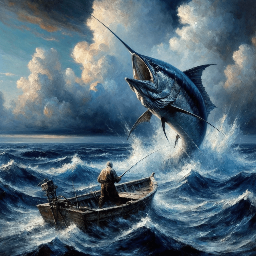 En kæmpe fisk springer op fra havet lige foran lille mand i en båd. 