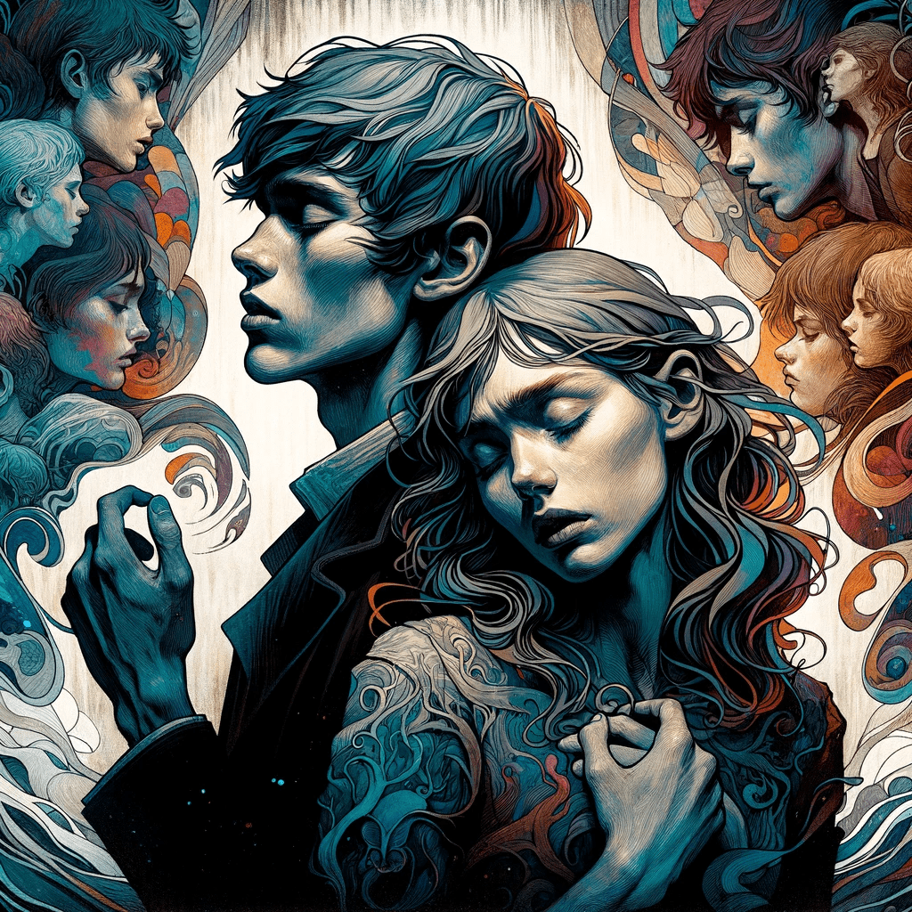 En ung mand og kvinde i tæt omslynget positur. 