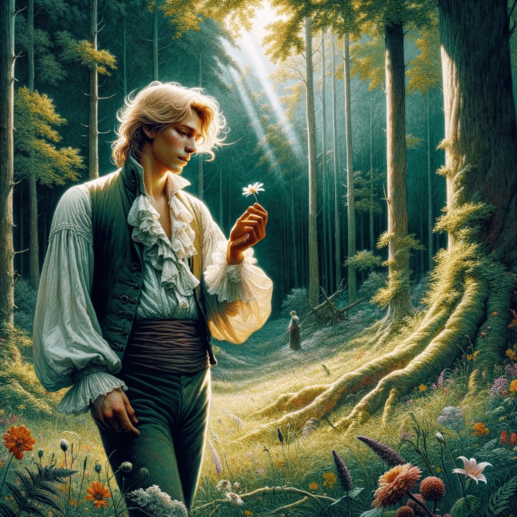 Den unge Werther står i en lysning i skoven og betragter en smuk marguerit.