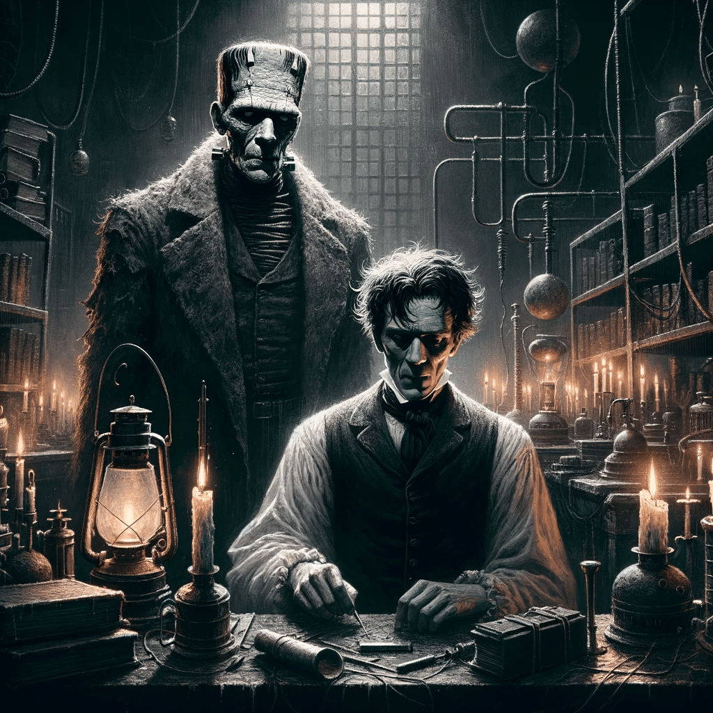 Frankenstein står bag sin skaber i dunkelt belyst arbejdsværelse.