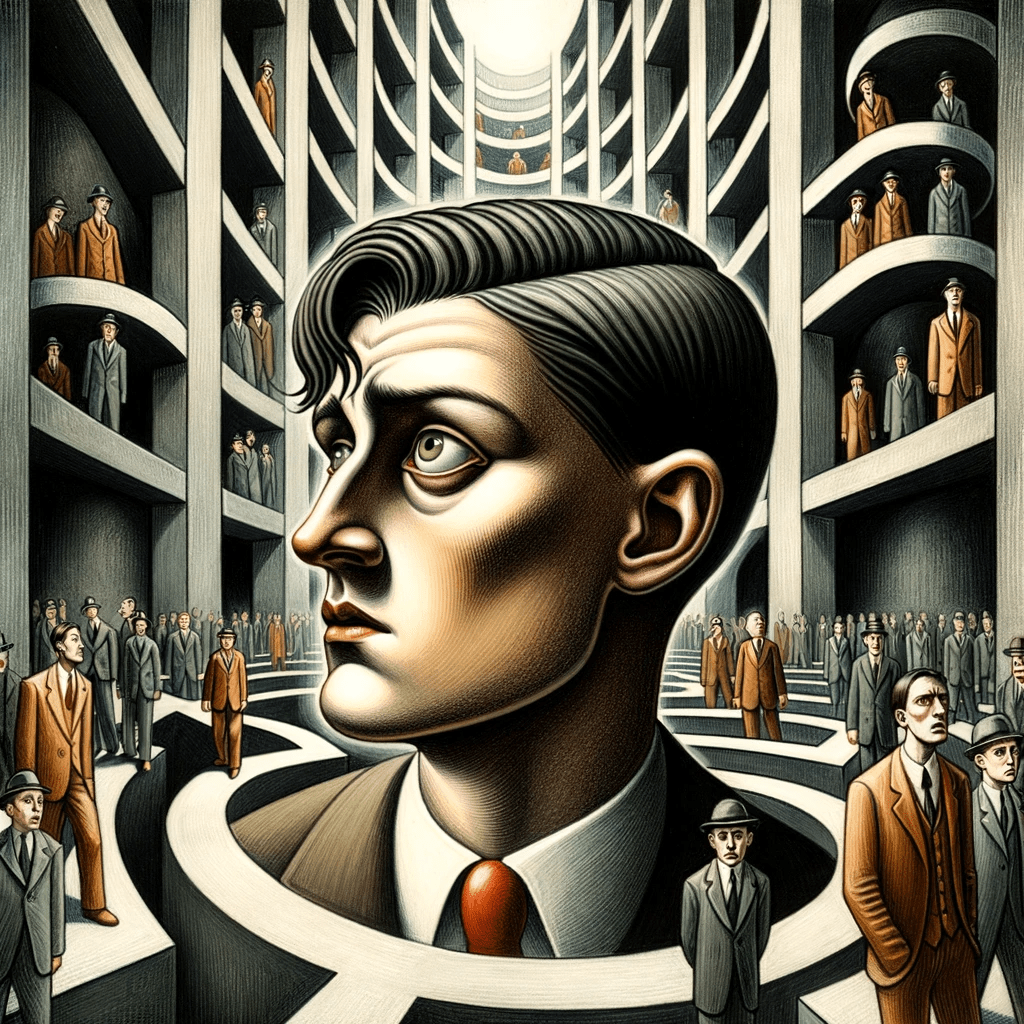 En abstrakt illustration af Processen af Franz Kafka, der illustrerer kompleksitet og forvirring. 