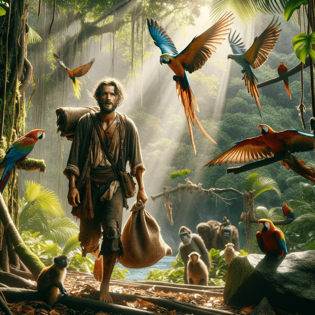 Robinson Crusoe på vej gennem den tæt bevoksede jungle med dyr omkring ham.