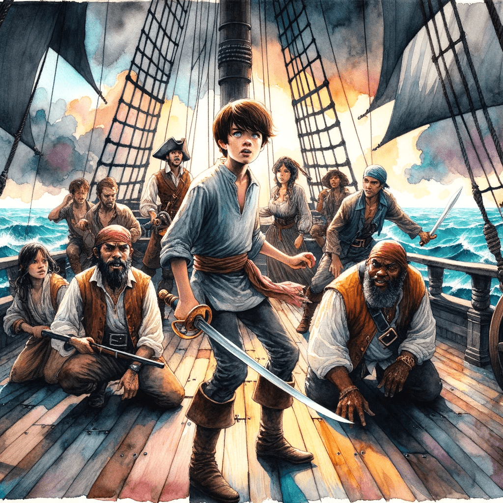 Jim Hawkins omringet af pirater på et skib i en scene fra Skatteøen.